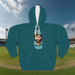 A hoodie featuring an illustrated cricketer wearing a helmet and jersey, displayed in front of a cricket stadium background.