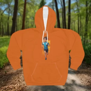 A hoodie featuring an illustration of a runner in motion, wearing a blue outfit, set against a vibrant outdoor path background.