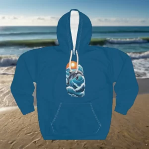 A hoodie featuring an artistic dolphin leaping through ocean waves with a sunset in the background, displayed against a beach setting.