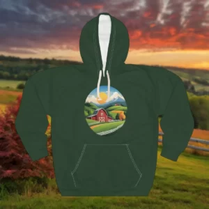 Hoodie with a circular countryside design featuring a red barn, green hills, and a bright sun.