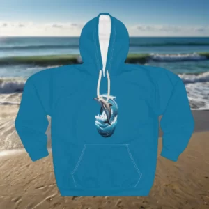 A hoodie featuring an illustration of a dolphin leaping through ocean waves, displayed against a beach setting.