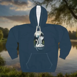 Hooded sweatshirt featuring a design of a swan spreading its wings on a calm lake with a forest backdrop.