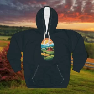 Hoodie featuring an oval countryside design with a red barn, rolling fields, and a bright sun.