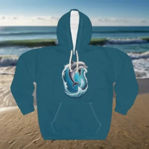 A hoodie featuring an artistic illustration of a dolphin jumping through a wave, displayed against a beach setting.