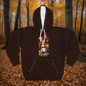 A hoodie featuring a detailed design of a squirrel surrounded by autumn leaves and acorns, set against a forest background.