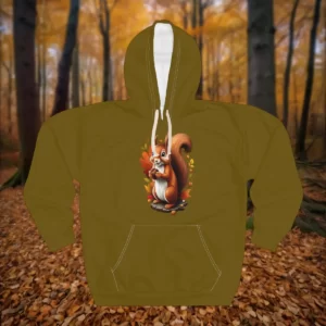 A hoodie featuring a cute squirrel holding an acorn, surrounded by vibrant autumn leaves, set against a forest backdrop with fallen leaves.