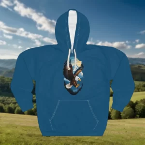 A hoodie featuring an illustration of a soaring eagle with mountains and forests in the background.