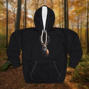 Hoodie featuring a detailed illustration of a majestic deer with antlers, set against a forest-themed background.