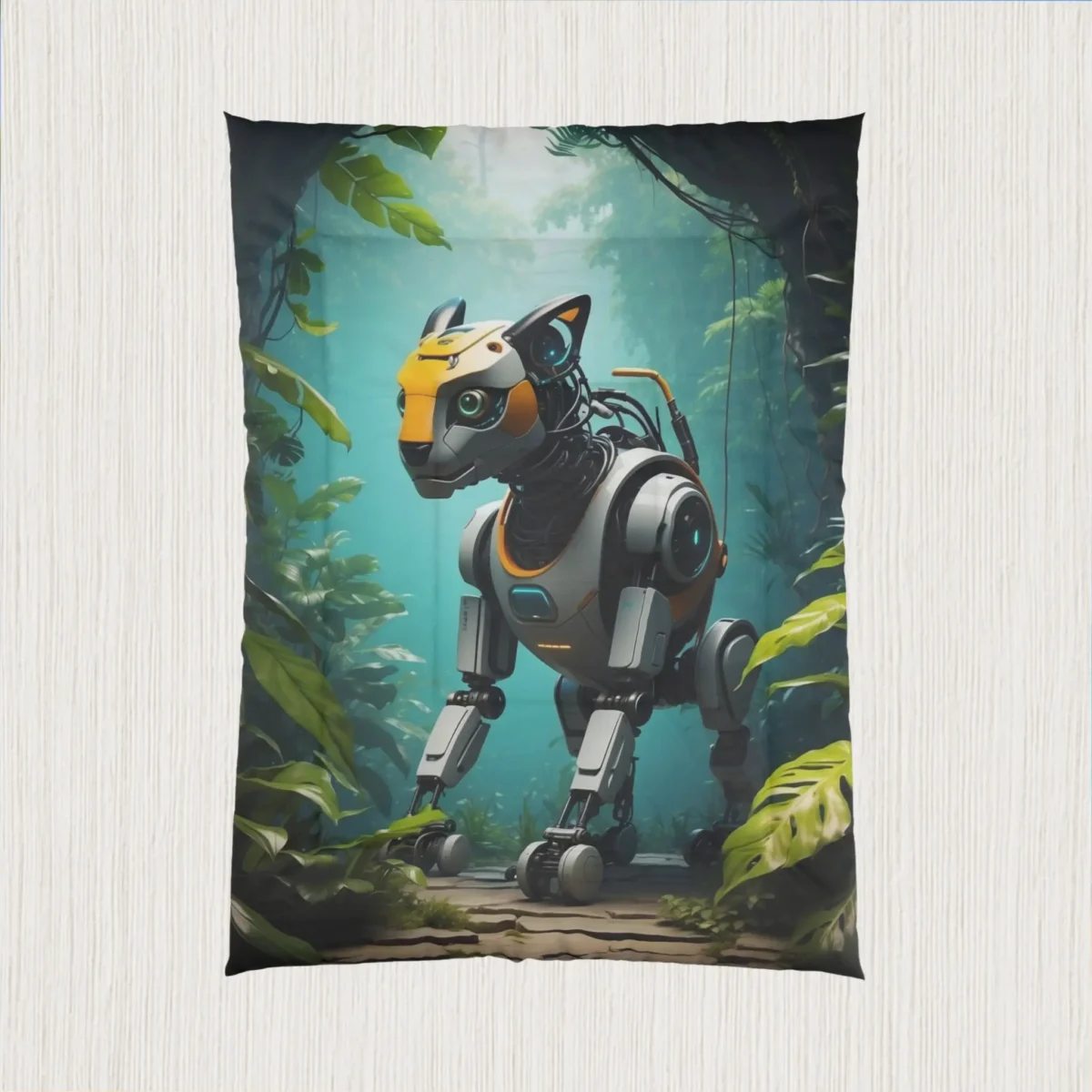 Comforter laid flat showing a full design of a robotic animal in a jungle-themed background