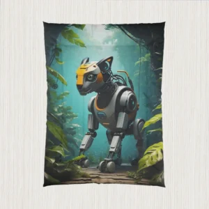 Comforter laid flat showing a full design of a robotic animal in a jungle-themed background