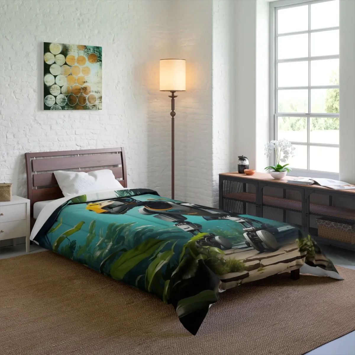 Child's bedroom with a comforter featuring a robotic animal design in a lush green jungle setting