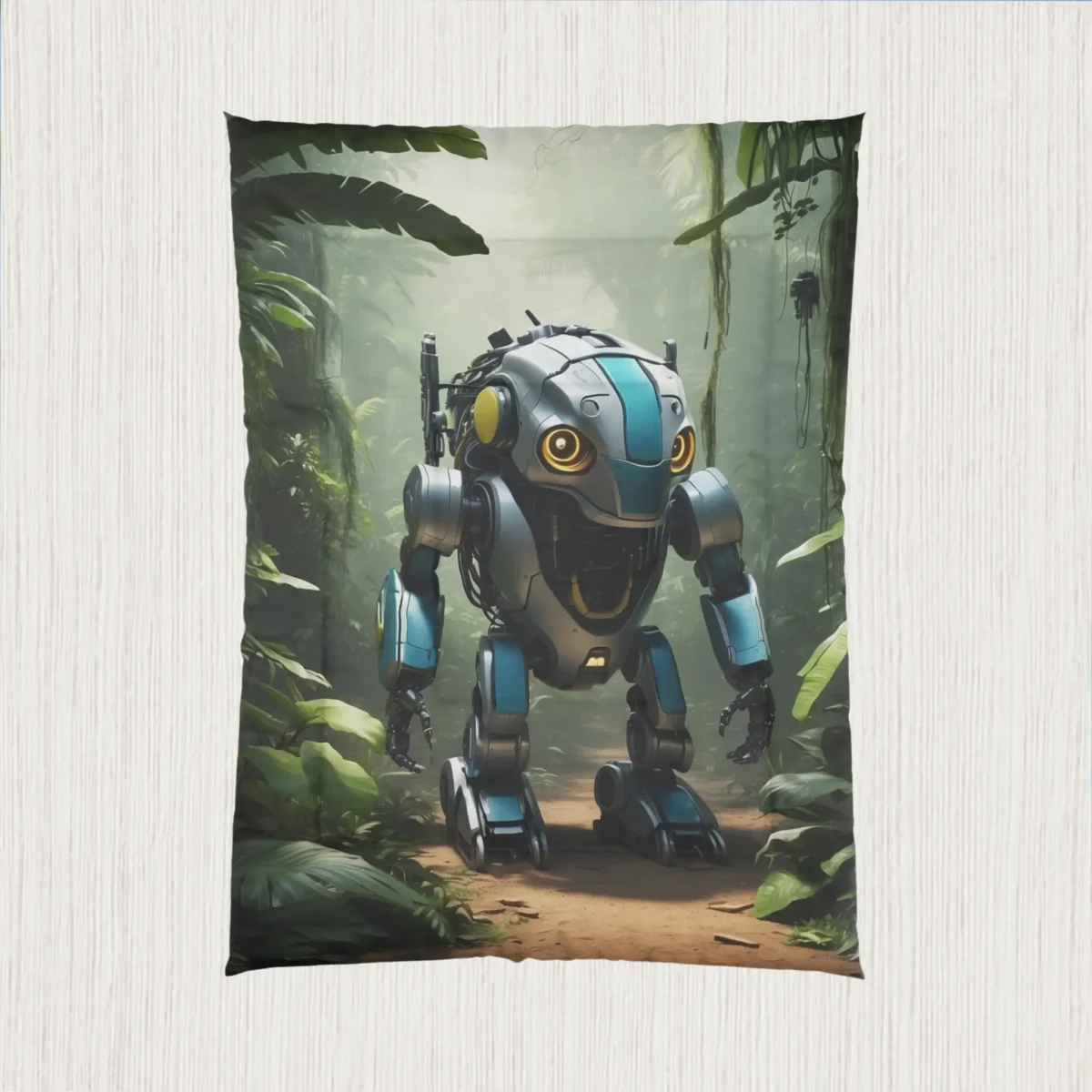 Comforter laid flat featuring a design of a blue robotic creature in a jungle environment