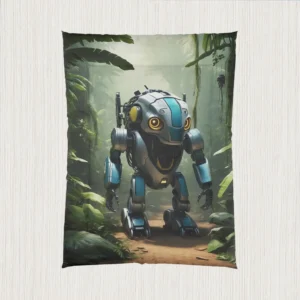 Comforter laid flat featuring a design of a blue robotic creature in a jungle environment