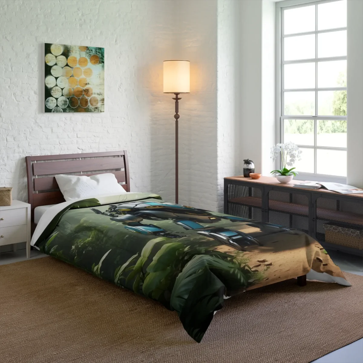 Child's bedroom with a comforter featuring a blue robotic creature in a jungle-themed design