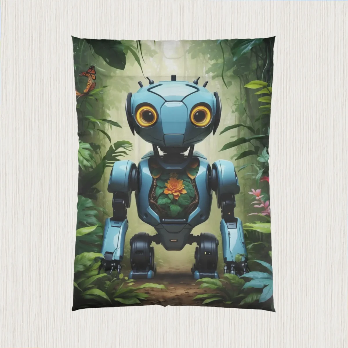 Flat view of a comforter showing a centered blue robot with a glowing orange flower in its chest, in a lush green jungle setting