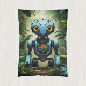 Flat view of a comforter showing a centered blue robot with a glowing orange flower in its chest, in a lush green jungle setting