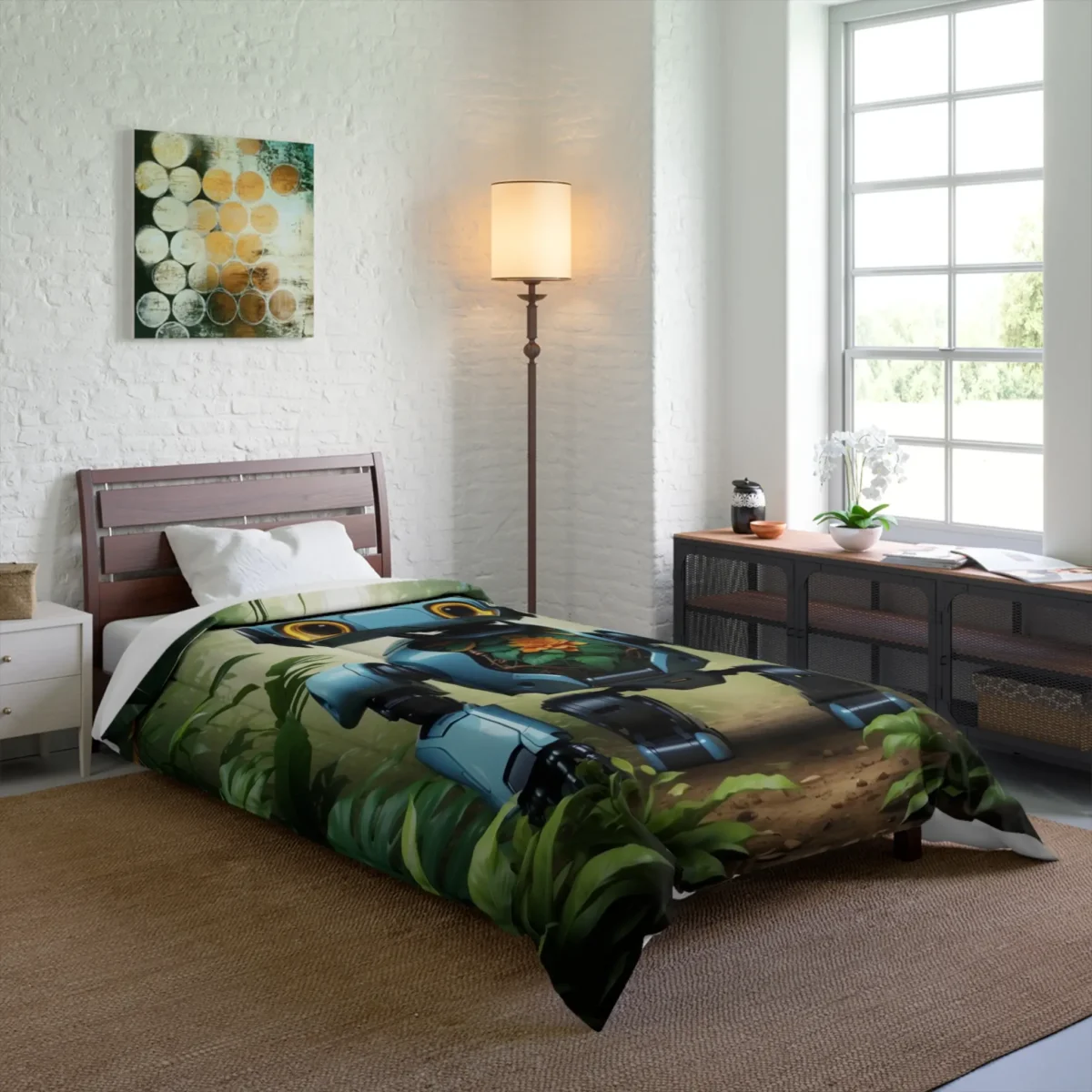 Comforter on bed showing a wide-eyed blue robot with a glowing flower in its chest, in a jungle-themed design