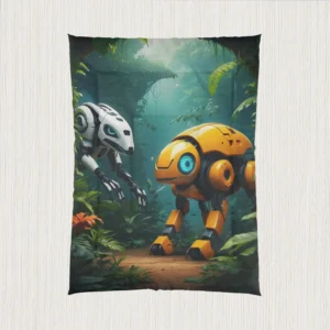 Flat view of a comforter with two robotic creatures, one yellow and one white, set in a jungle environment