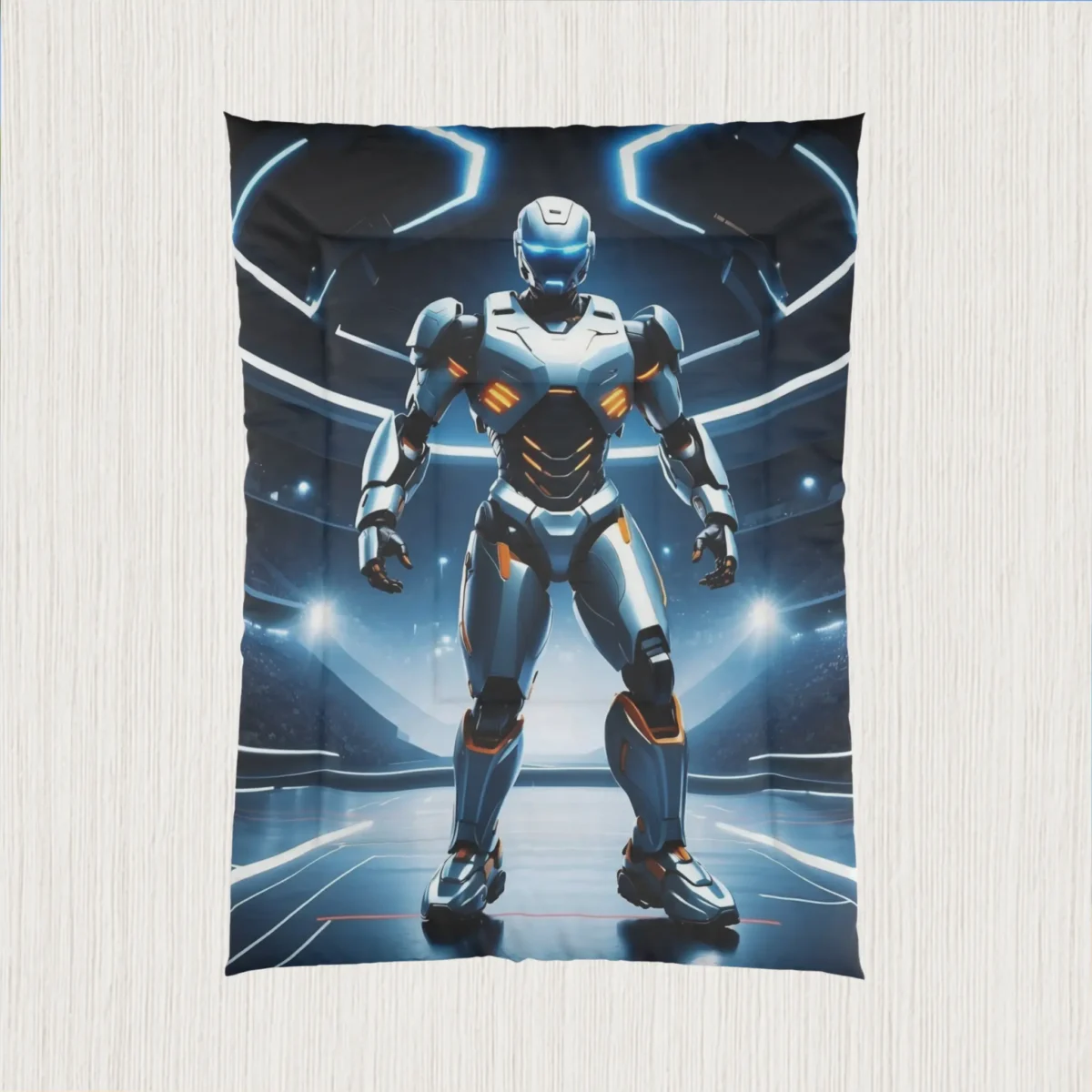 Flat view of comforter featuring a futuristic robotic athlete in a lit-up sports arena