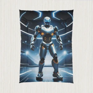 Flat view of comforter featuring a futuristic robotic athlete in a lit-up sports arena