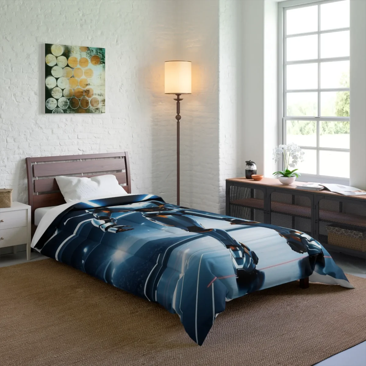 Comforter on bed featuring a futuristic robotic athlete in a high-tech arena setting