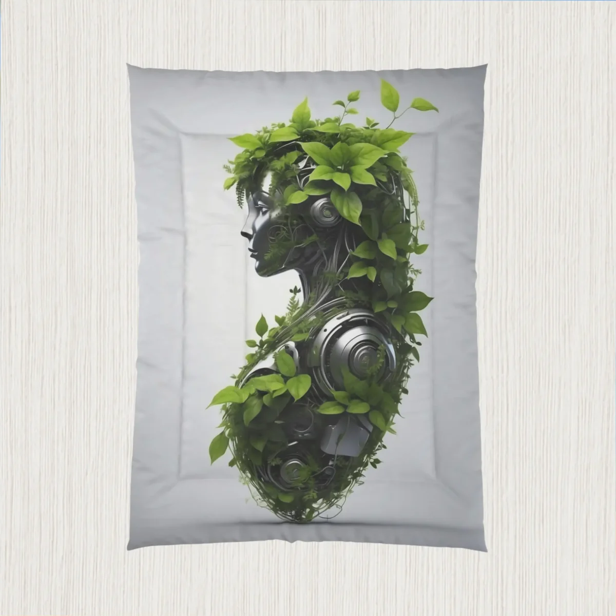 Flat view of comforter showing a biomechanical silhouette covered in greenery on a light gray background