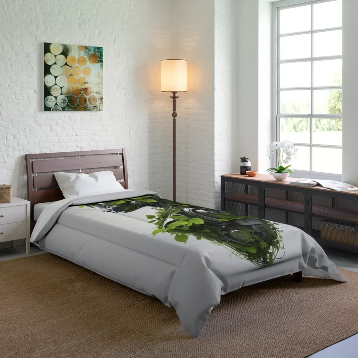 Comforter on bed featuring a biomechanical figure wrapped in green foliage, blending robotics and nature