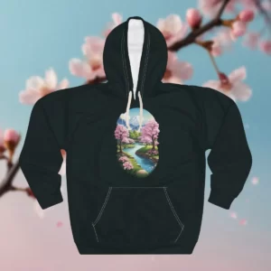 Hoodie with a scenic design featuring a serene river, cherry blossom trees, and a distant snow-capped mountain.