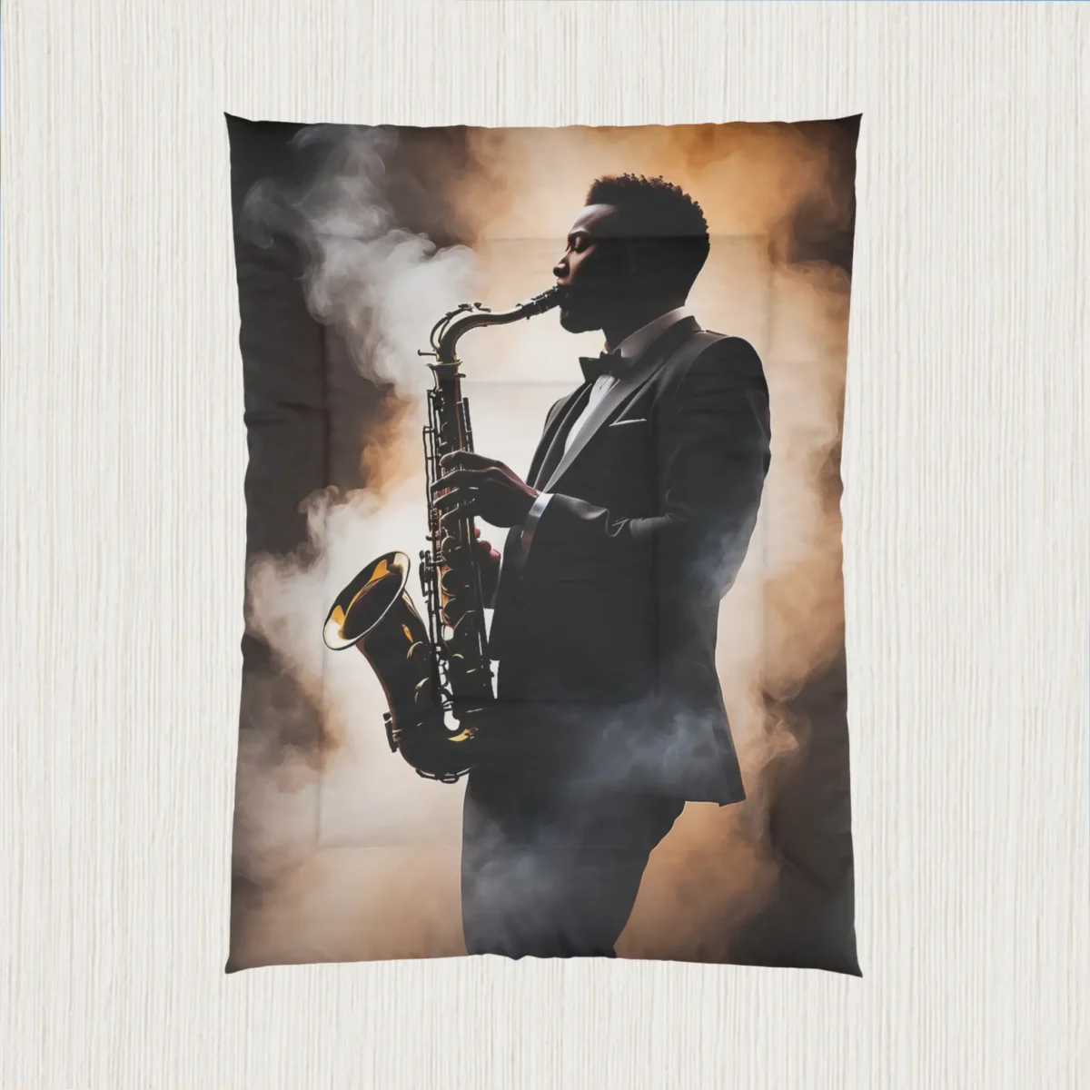 Flat view of comforter showing a saxophonist in formal attire playing in a smoky, golden-lit setting