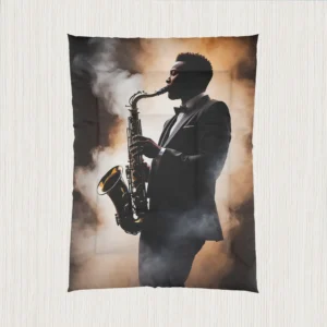 Flat view of comforter showing a saxophonist in formal attire playing in a smoky, golden-lit setting