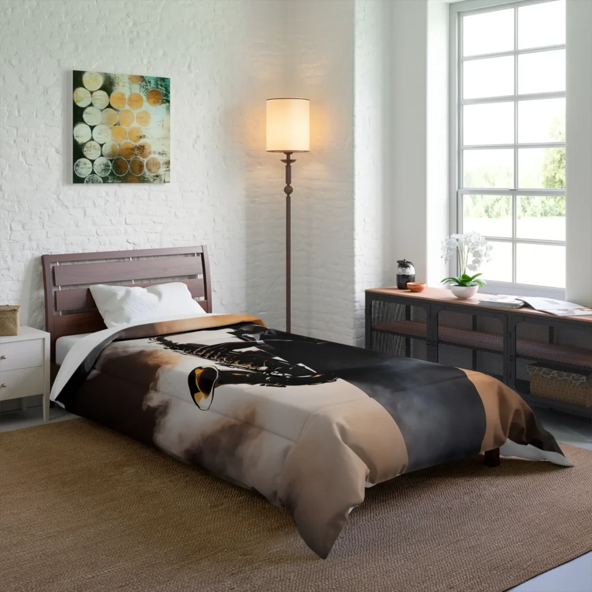 Comforter on bed featuring a stylish saxophonist playing in a smoky, warmly lit atmosphere