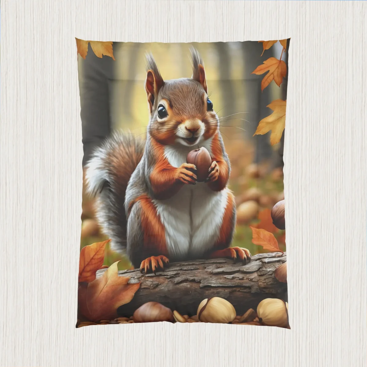 Flat view of a comforter showing a friendly squirrel with an acorn in a colorful autumn forest