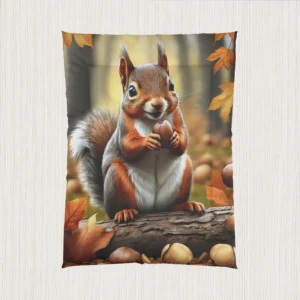 Flat view of a comforter showing a friendly squirrel with an acorn in a colorful autumn forest