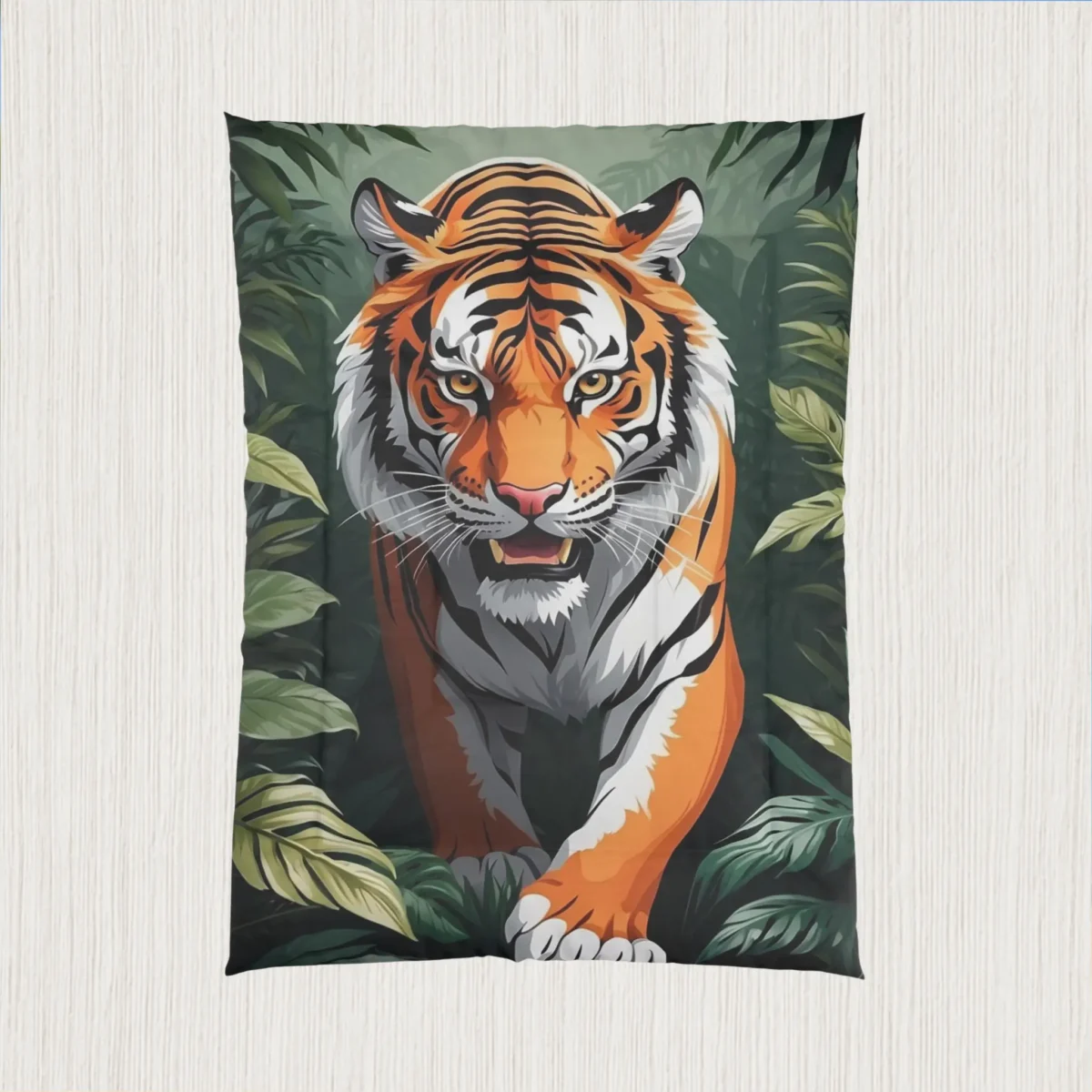 Flat view of a comforter featuring a roaring tiger emerging from the jungle