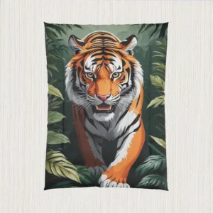 Flat view of a comforter featuring a roaring tiger emerging from the jungle