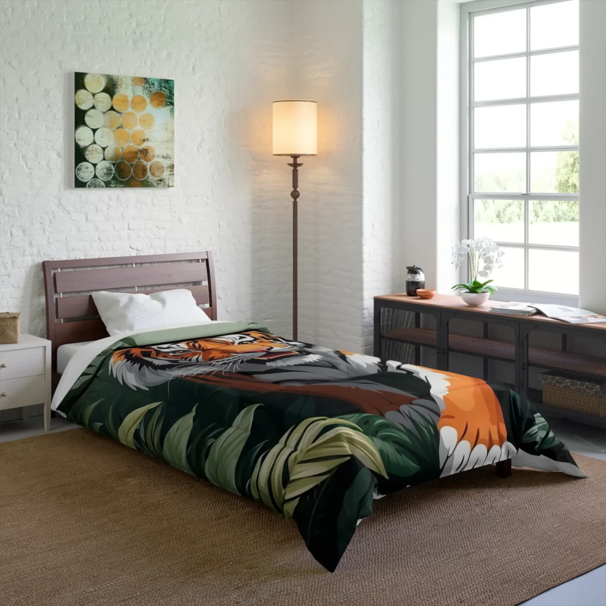 Comforter on bed displaying a vibrant illustration of a tiger stepping through tropical leaves