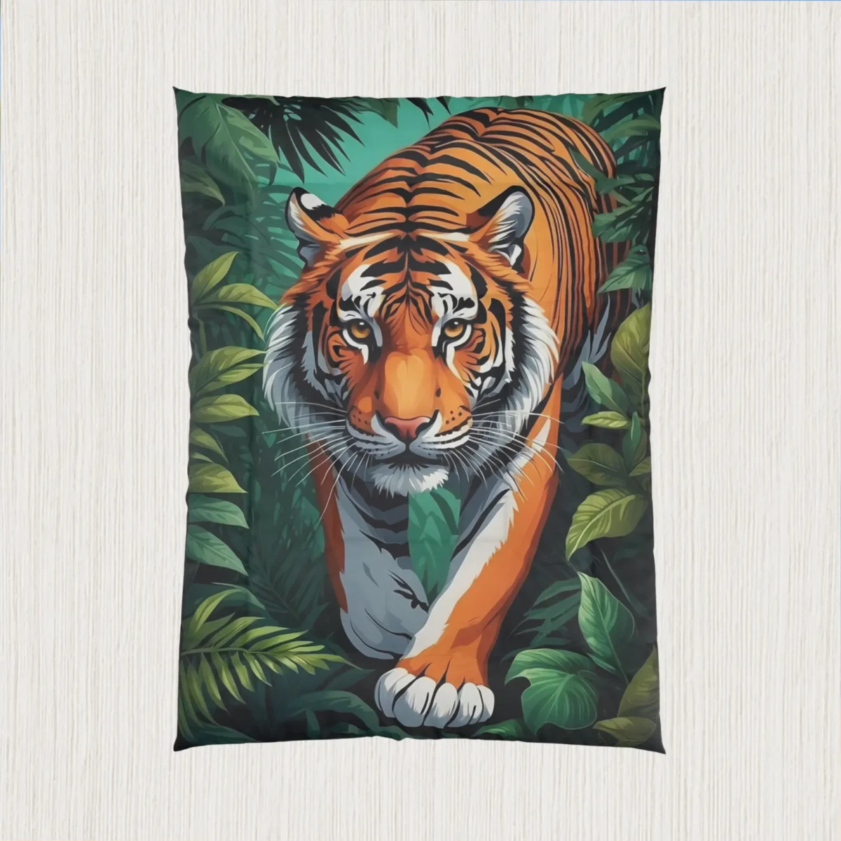 Flat view of comforter showing a tiger walking forward through dense tropical jungle plants