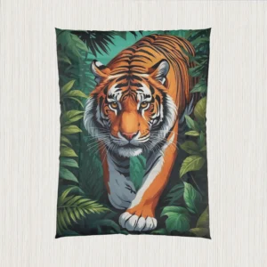Flat view of comforter showing a tiger walking forward through dense tropical jungle plants
