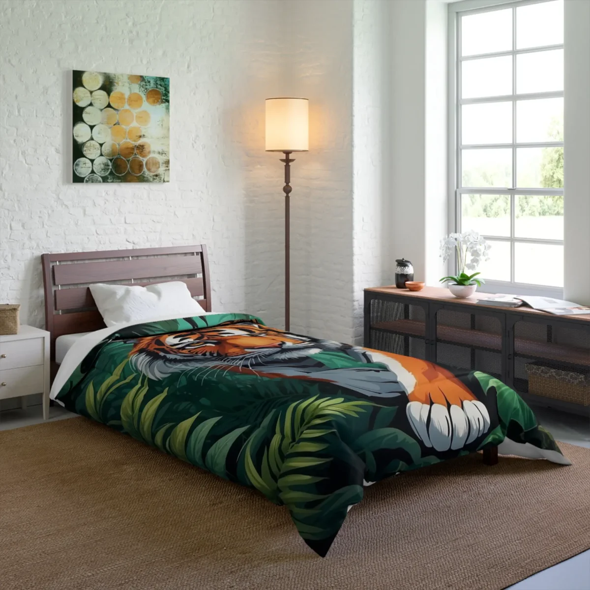 Comforter on bed featuring a bold illustrated tiger walking through dense jungle foliage