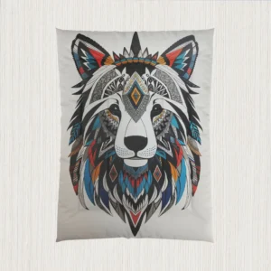 Flat view of a comforter displaying a symmetrical tribal animal face made of colorful patterns