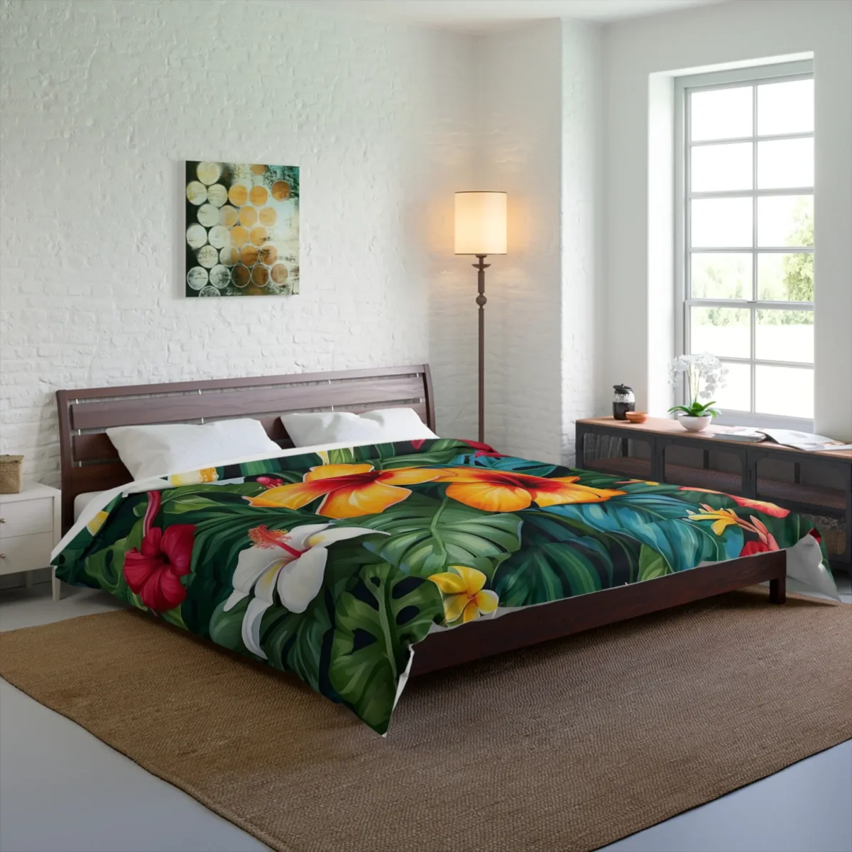 Comforter on bed with a lush tropical floral design featuring vivid hibiscus and plumeria flowers