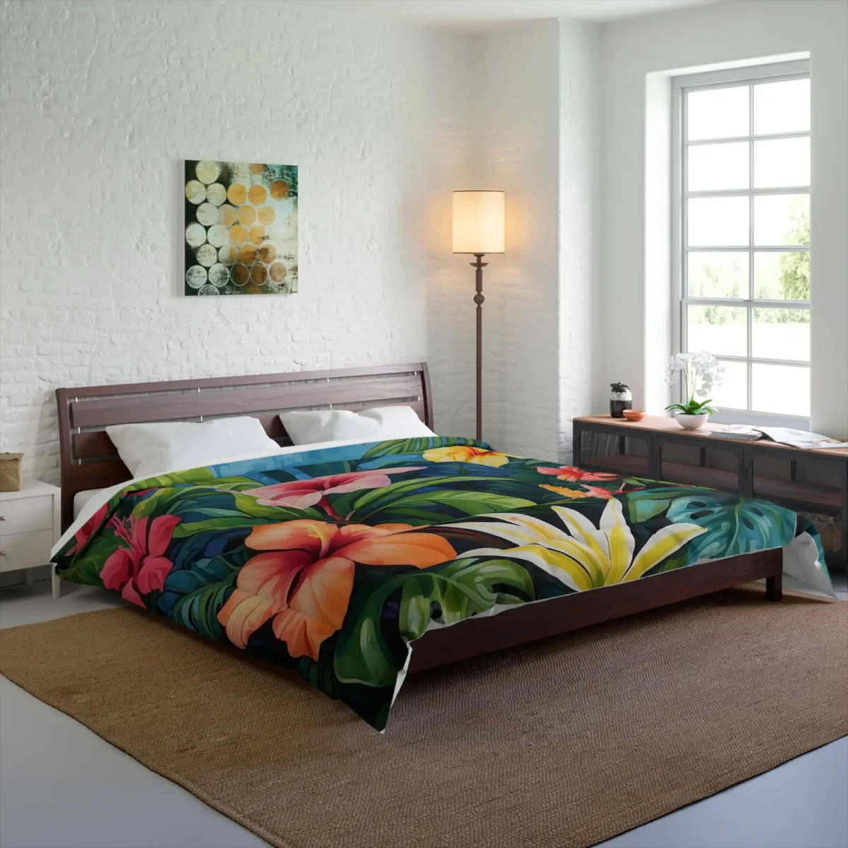 Comforter on bed with a colorful tropical floral pattern featuring hibiscus and lush leaves