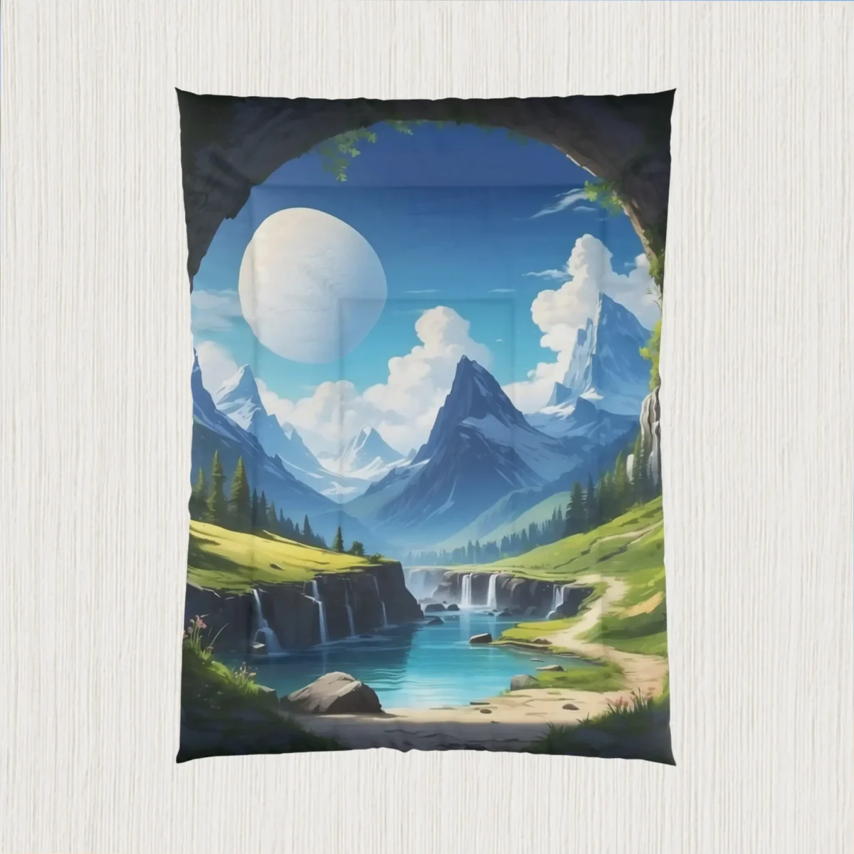 Flat view of comforter displaying a scenic digital landscape with waterfalls, peaks, and a bright moon