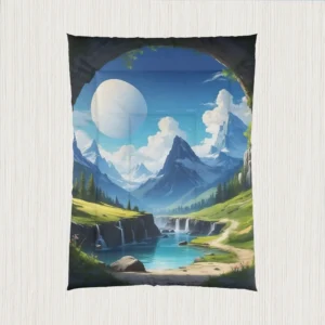 Flat view of comforter displaying a scenic digital landscape with waterfalls, peaks, and a bright moon