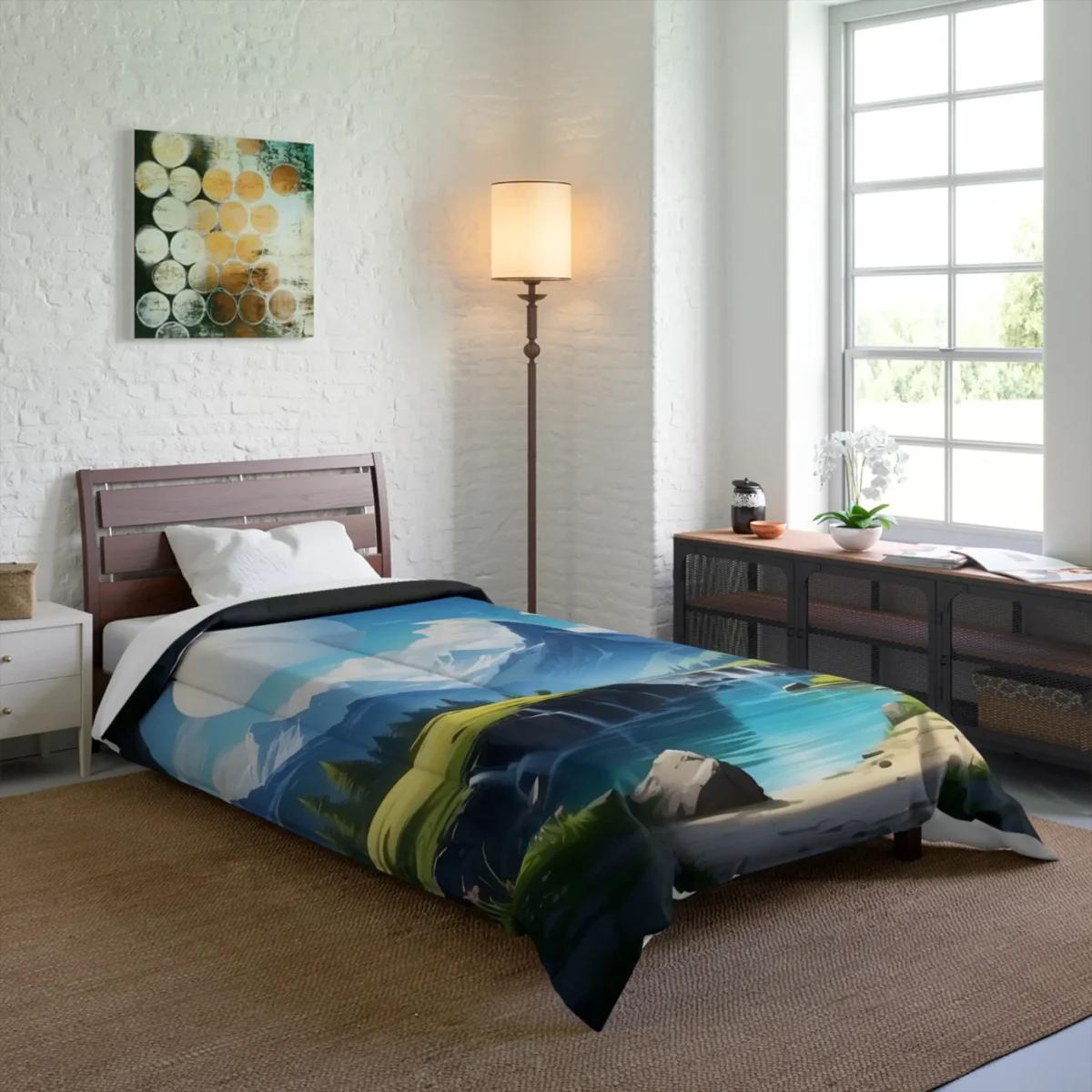 Comforter on bed featuring a serene virtual landscape with mountains, a lake, and a large moon