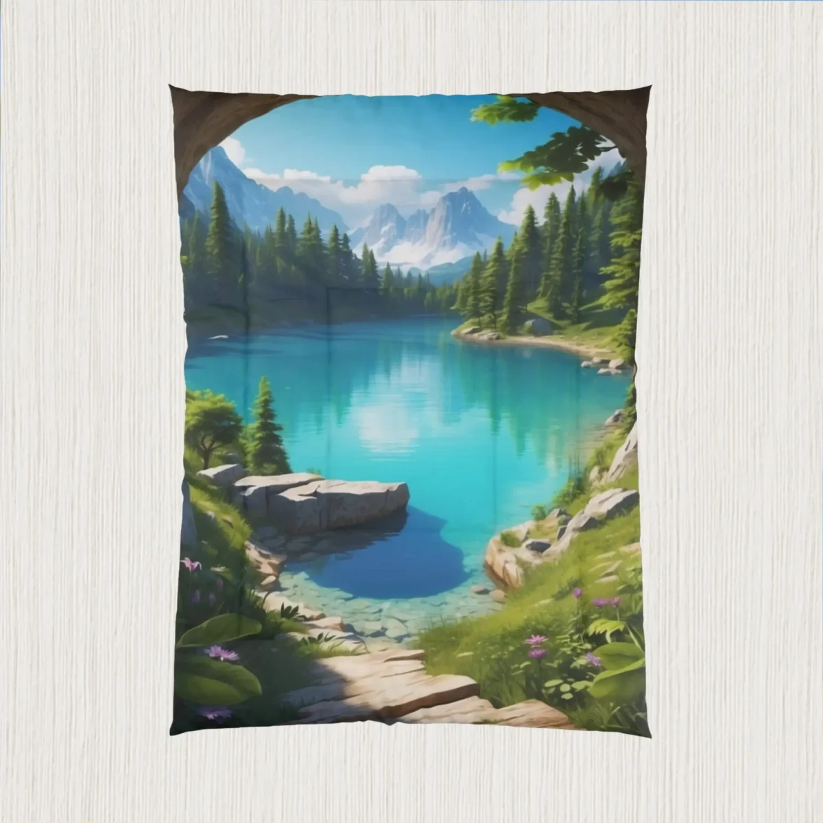Flat view of comforter showing a scenic lake surrounded by pine trees and mountain cliffs in a fantasy style