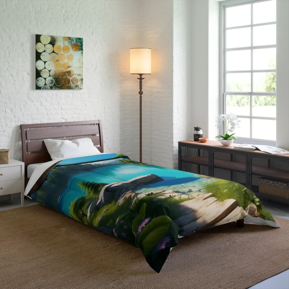 Comforter on bed featuring a peaceful virtual landscape with a turquoise lake surrounded by forest and mountains
