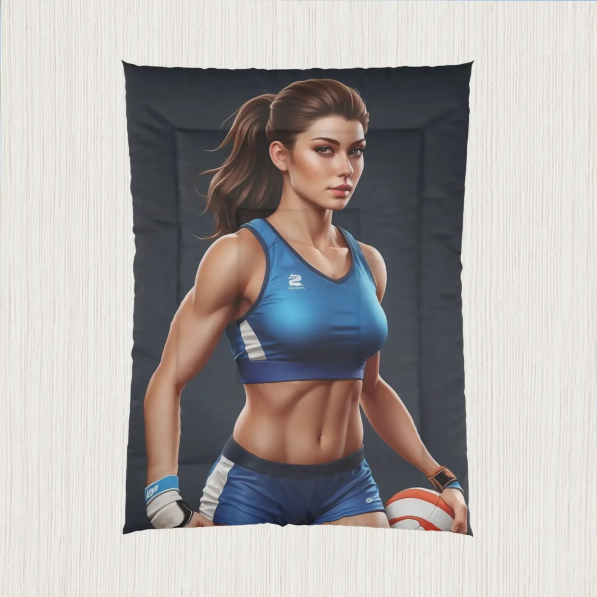 Flat view of comforter showing a digitally rendered volleyball athlete in blue sportswear holding a ball