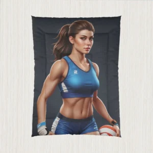 Flat view of comforter showing a digitally rendered volleyball athlete in blue sportswear holding a ball