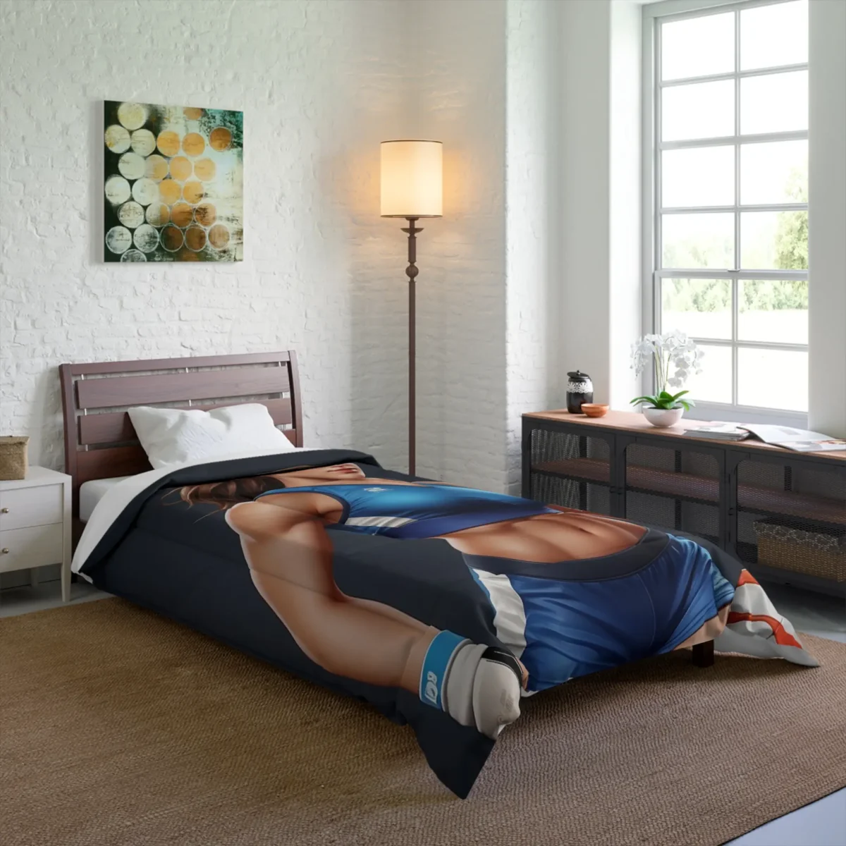 Comforter on bed featuring a digital illustration of a strong volleyball player in blue sportswear